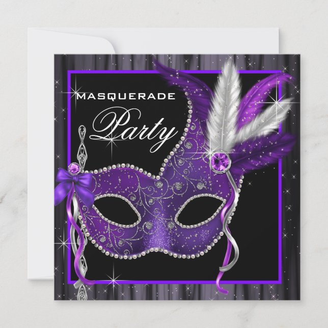 Elegant Black and Purple Masquerade Party Invitation (Front)