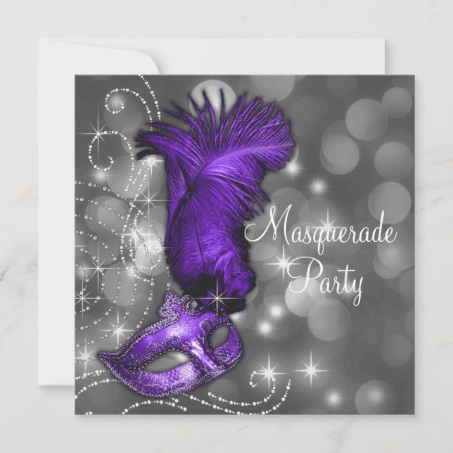 Elegant Black and Purple  Masquerade Party Invitation (Front)