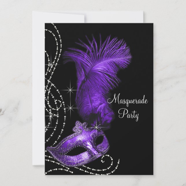 Elegant Black and Purple Masquerade Party Invitation (Front)