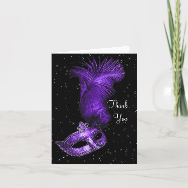 Elegant Black and Purple Masquerade Thank You Card (Front)