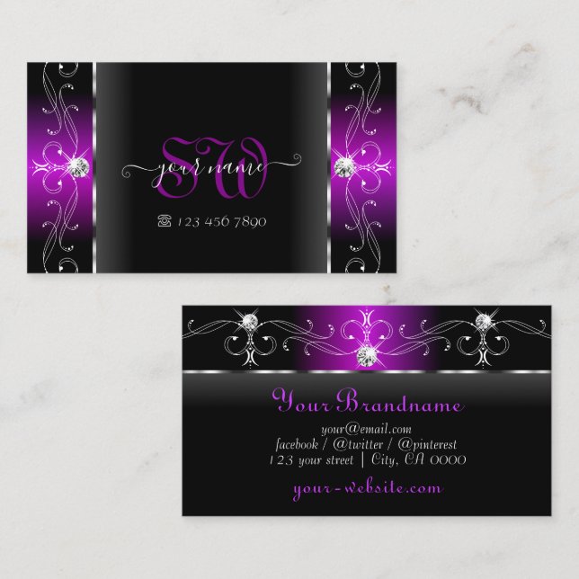 Elegant Black and Purple Squiggled Jewels Monogram Business Card (Front/Back)