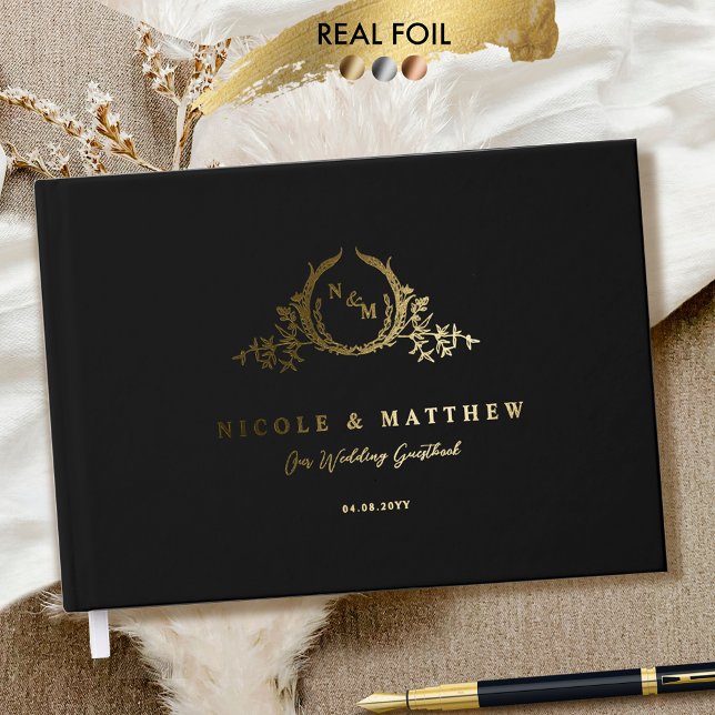 Elegant Black and Real Foil Monogram Wedding Guest Book (Creator Uploaded)