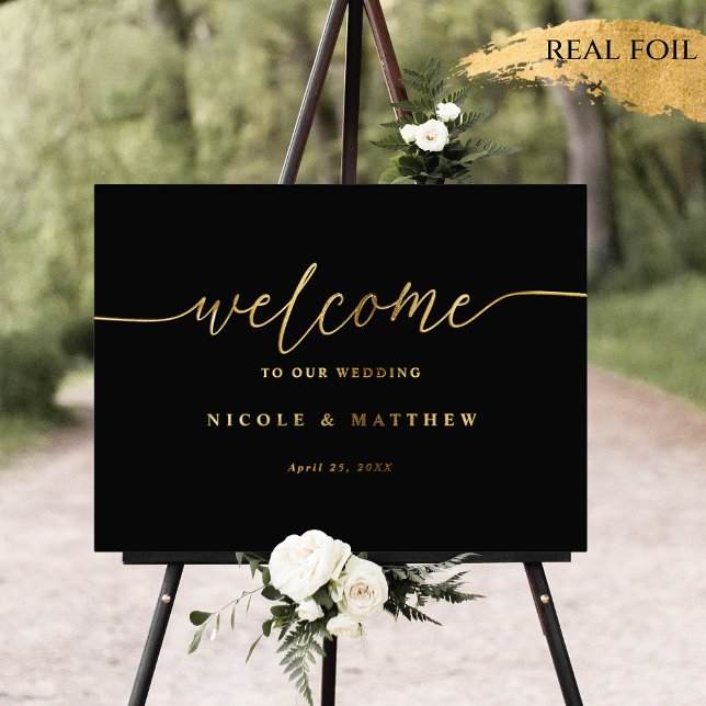 Elegant Black and Real Foil Wedding Welcome Sign (Creator Uploaded)