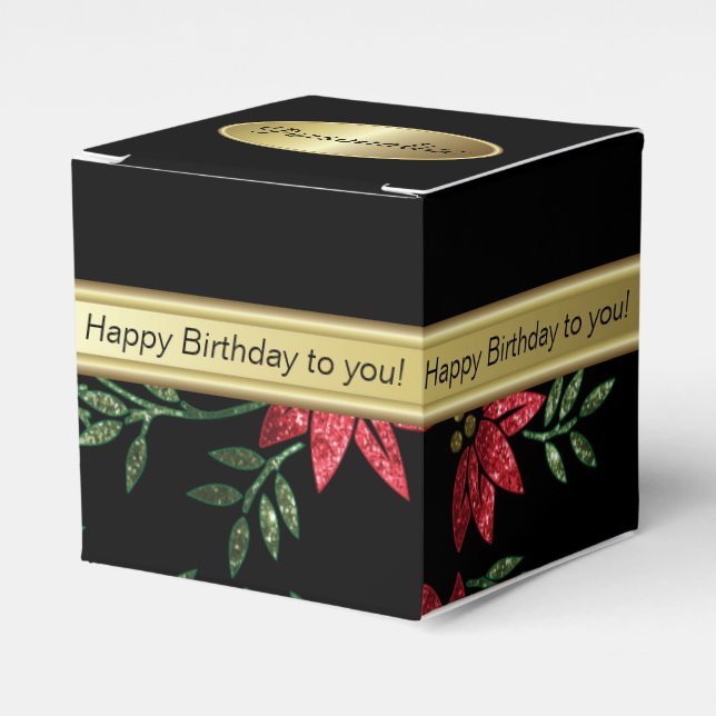 Elegant Black and Red Floral Glitter | Birthday Favour Box (Front Side)