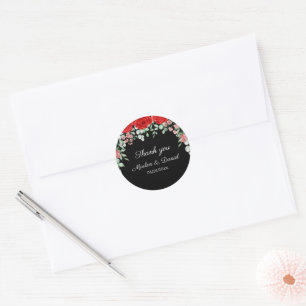 Elegant Black And Red Floral Wedding  Classic Round Sticker