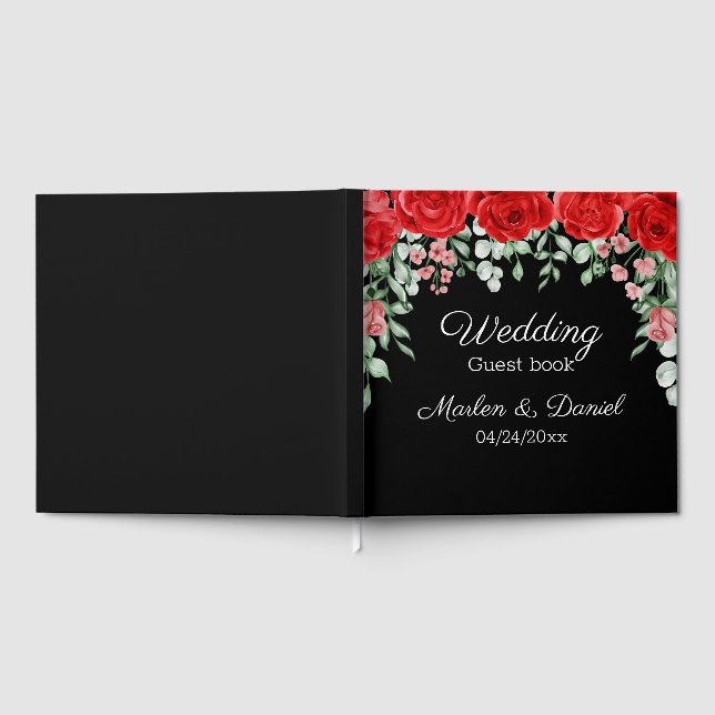 Elegant Black And Red Floral Wedding guest book (Full)