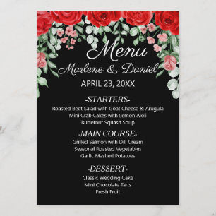 Elegant Black And Red Floral Wedding Menu
