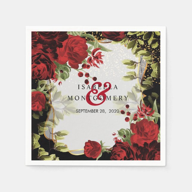 Elegant Black and Red Floral Wedding Napkin (Front)
