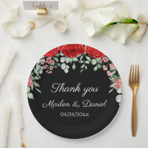 Elegant Black And Red Floral Wedding Paper Plate