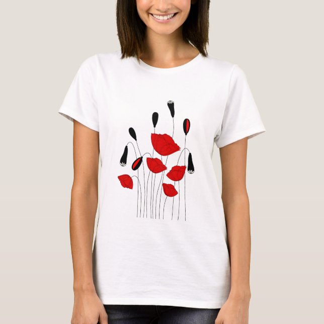 Elegant Black and Red Poppies Women's T Shirts (Front)
