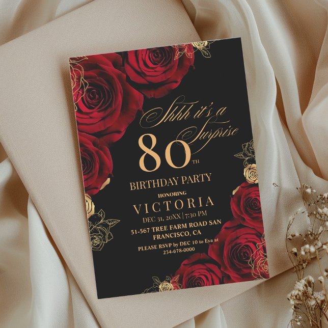 Elegant Black and Red Roses Floral 80th Birthday  Invitation (Creator Uploaded)