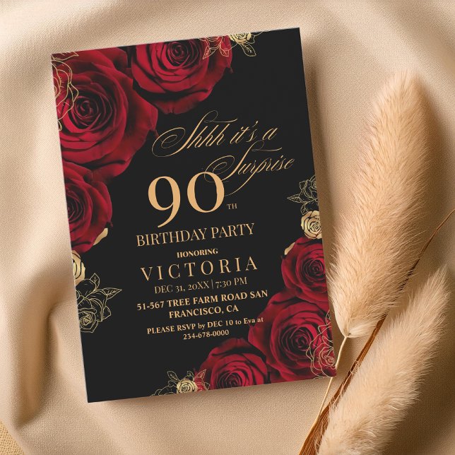 Elegant Black and Red Roses Floral 90th Birthday  Invitation (Creator Uploaded)