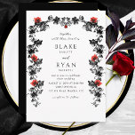 Elegant Black and Red Victorian Gothic Wedding  Invitation<br><div class="desc">Delight your guests with this elegant black and red wedding invitation with beautiful fine hand drawn floral botanical garlands with leaves in black and red teardrop heart and vibrant red watercolor flowers framing your details. Ability to change and customise all text sections to suit your needs. Easy to fill in...</div>