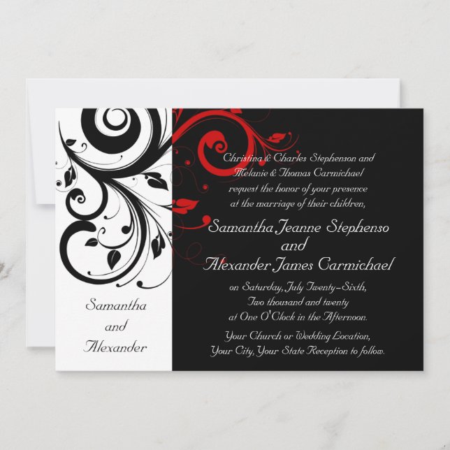 Elegant Black and Red Vines Wedding Invitations (Front)