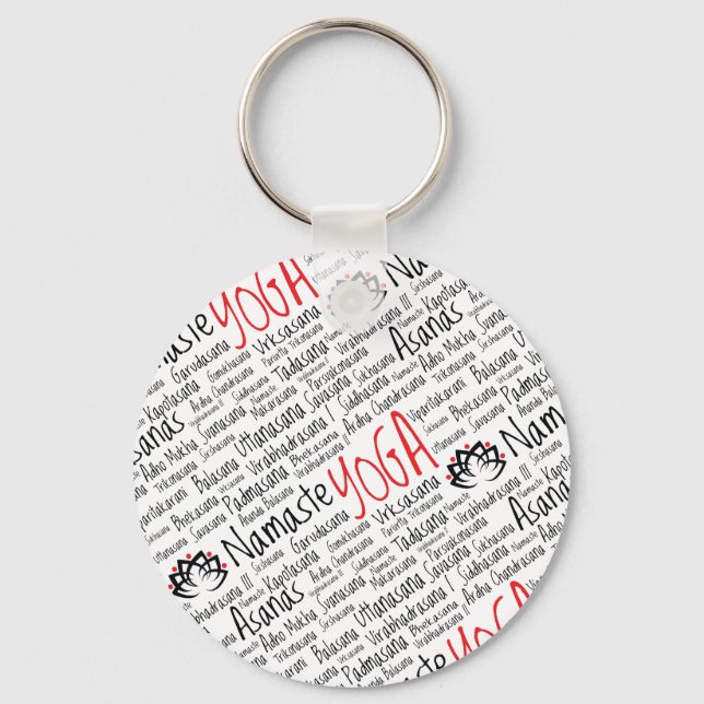 Elegant Black and Red Yoga Positions Lotus Blossom Key Ring (Front)