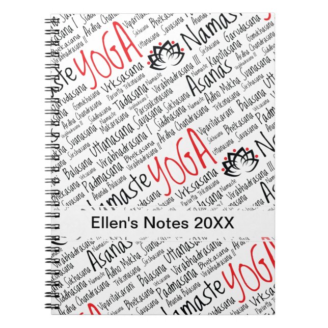Elegant Black and Red Yoga Positions Lotus Blossom Notebook (Front)