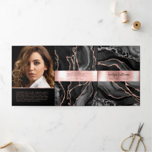 Elegant Black and Rose Gold Agate Trifold Brochure