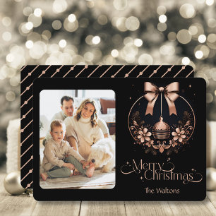 Elegant Black and Rose Gold Christmas Photo  Holiday Card