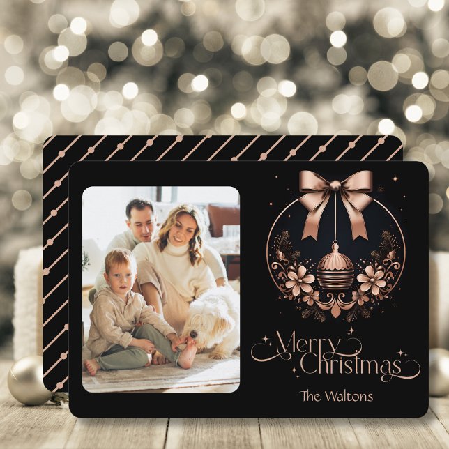 Elegant Black and Rose Gold Christmas Photo  Holiday Card (Creator Uploaded)
