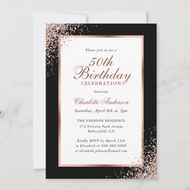 Elegant Black and Rose Gold Confetti 50th Birthday Invitation (Front)