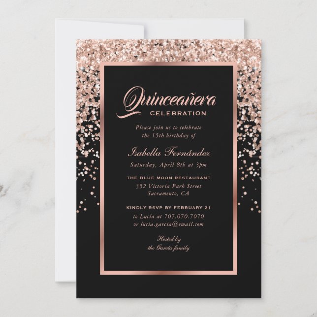 Elegant Black and Rose Gold Confetti Quinceañera Invitation (Front)