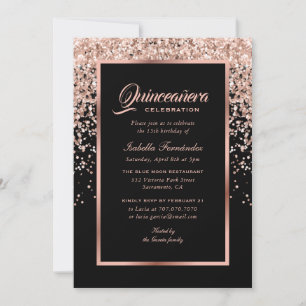 Elegant Black and Rose Gold Confetti Quinceañera Invitation