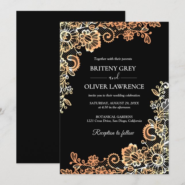 Elegant Black and Rose Gold Floral Lace Wedding  Invitation (Front/Back)