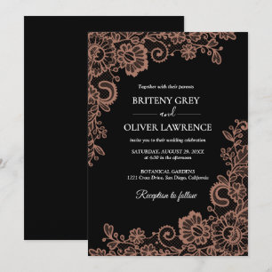 Elegant Black and Rose Gold Floral Lace Wedding Invitation