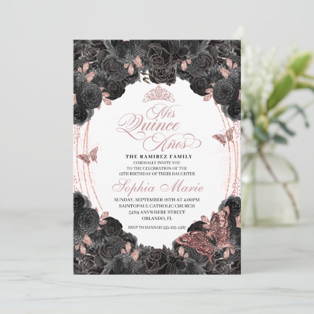 Elegant Black and Rose Gold Floral Quinceanera Invitation (Standing Front)
