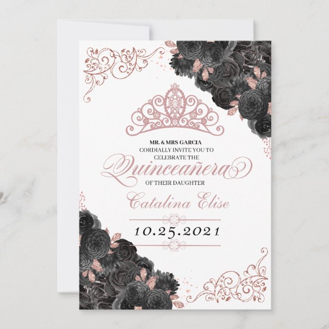 Elegant Black and Rose Gold Floral Quinceanera Invitation (Front)