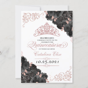 Elegant Black and Rose Gold Floral Quinceanera Invitation