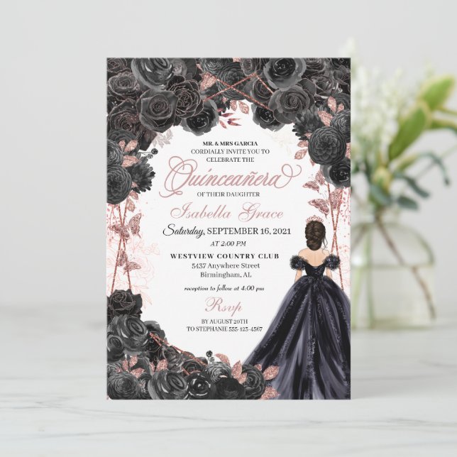 Elegant Black and Rose Gold Floral Quinceanera Invitation (Standing Front)