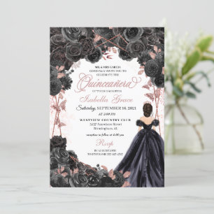 Elegant Black and Rose Gold Floral Quinceanera Invitation