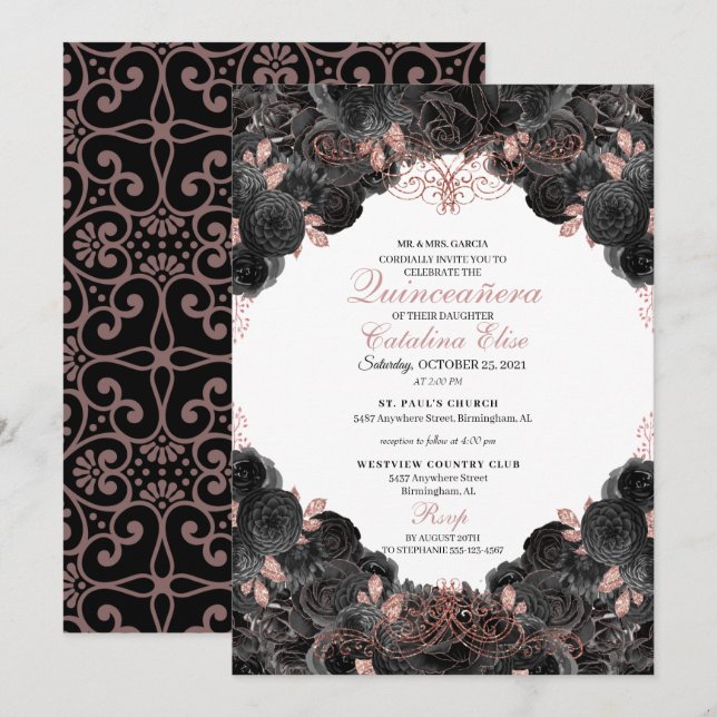 Elegant Black and Rose Gold Floral Quinceanera Invitation (Front/Back)
