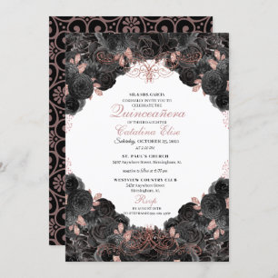 Elegant Black and Rose Gold Floral Quinceanera Invitation