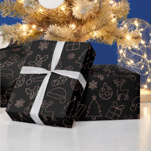 Elegant Black and Rose Gold Foil Christmas Pattern Wrapping Paper