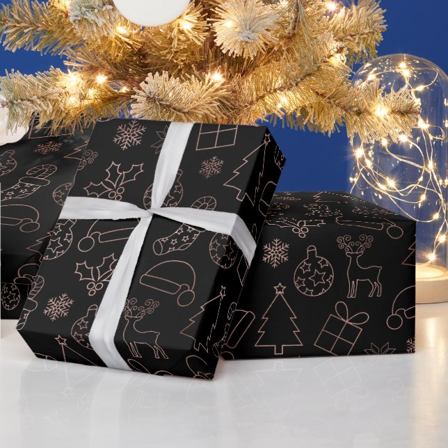 Elegant Black and Rose Gold Foil Christmas Pattern Wrapping Paper (Holidays)