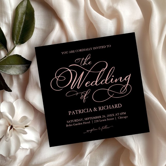 Elegant Black And Rose Gold Foil Script Wedding Invitation (Creator Uploaded)