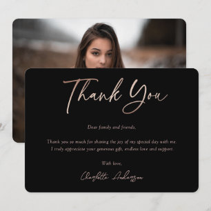 Elegant Black and Rose Gold Graduation Photo Thank You Card