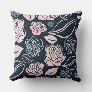 Elegant Black and Rose Gold Roses and Leaves Cushion