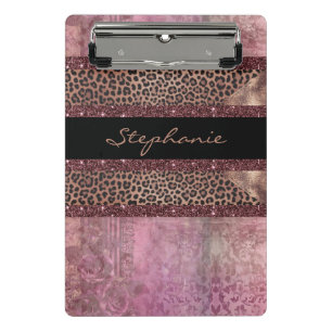 Elegant black and rose gold striped leopard mini clipboard