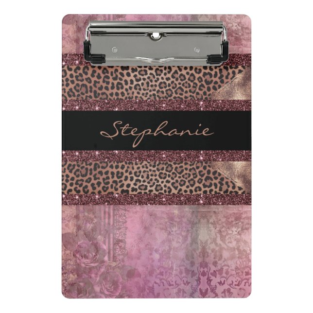 Elegant black and rose gold striped leopard mini clipboard (Front)