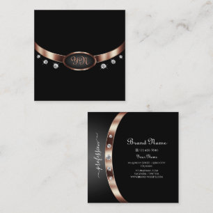 Elegant Black and Rose Gold with Monogram Diamonds Square Business Card