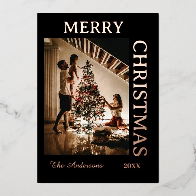  Elegant Black and rosegold  Foil Holiday Card (Front)