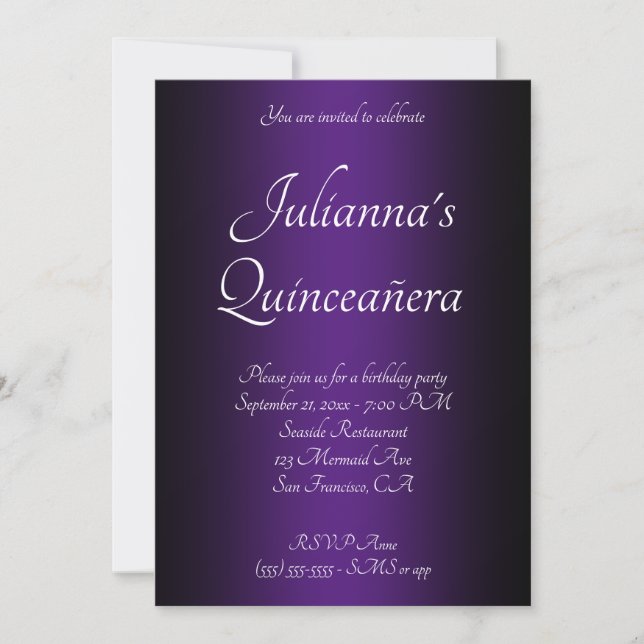 Elegant Black and Royal Purple Ombre Quinceañera Invitation (Front)