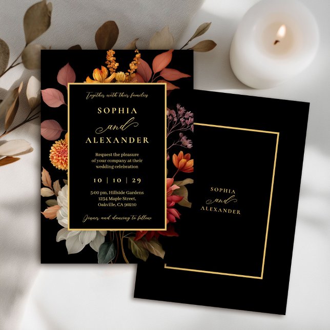 Elegant Black and Rust Autumn Floral Wedding Invitation (Creator Uploaded)