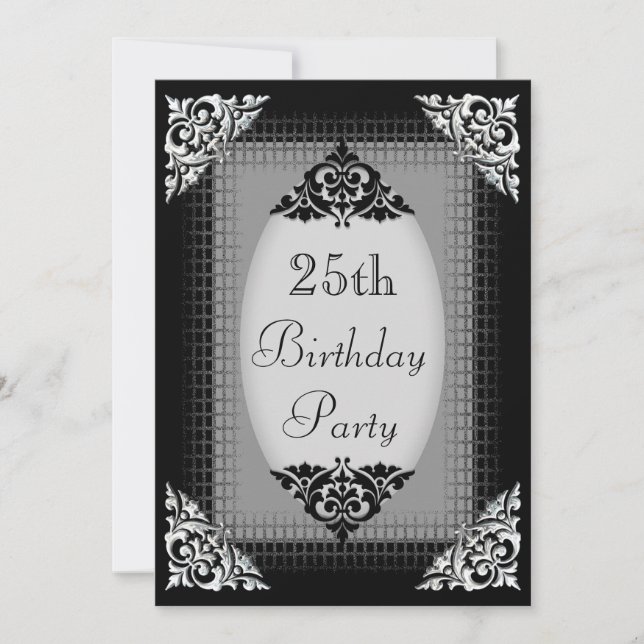 Elegant Black and Silver 25th Birthday Invitation (Front)