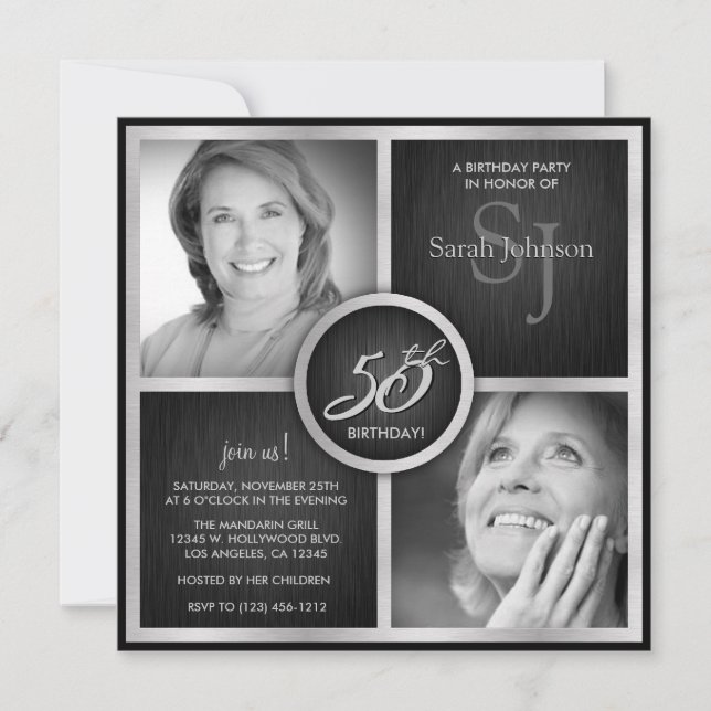 Elegant Black and Silver 50th Birthday Photo Invitation (Front)