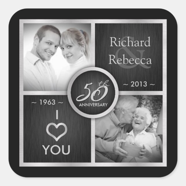 Elegant Black and Silver 50th Wedding Anniversary Square Sticker (Front)