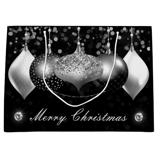 Elegant Black and Silver Baubles Merry Christmas Large Gift Bag (Front)